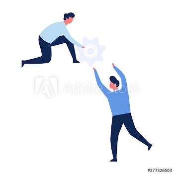 Two businessman holding gear