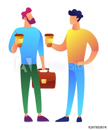 Two businessmen standing, drinking coffee and discussing something