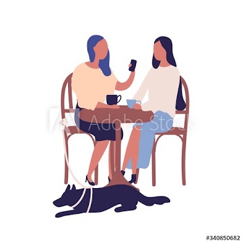 Two cartoon girl friend sit at table in cafe talk use smartphone together vector flat illustration