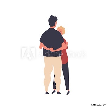 Two cartoon men hugging each other vector flat illustration