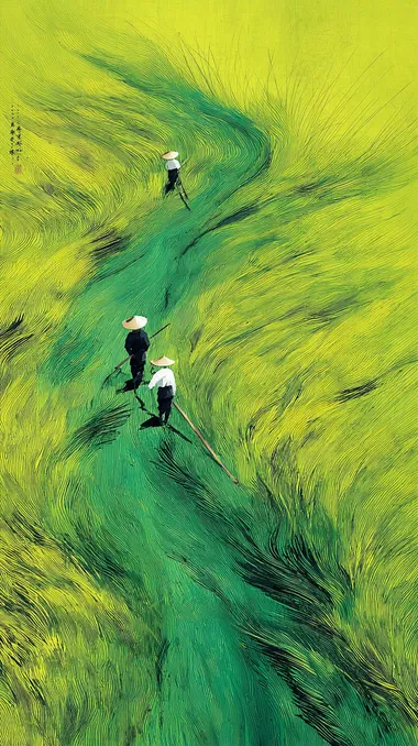 Two Chinese Farmers Working in a Lush Green Wheat Field Two Chinese Farmers Working in a Lush Green Wheat Field