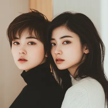 Two Chinese women posing back-to-back in a stylish urban setting Two Chinese women posing back-to-back in a stylish urban setting