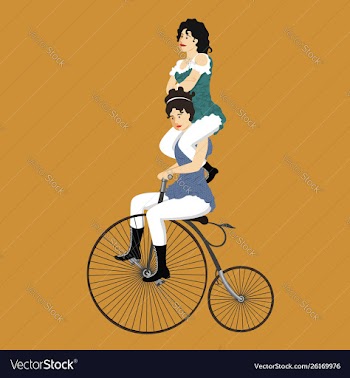 Two circus women on a retro bicycle vector image