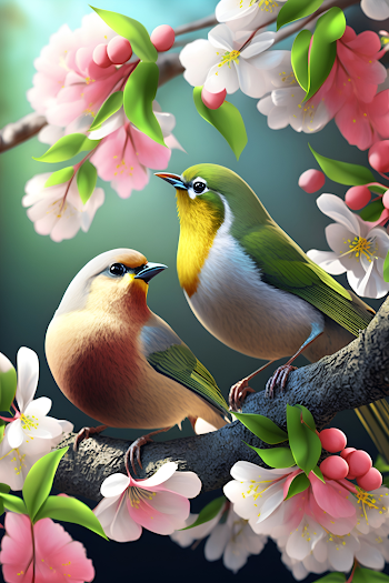 Two Japanese white-eyed birds stand on the branches and spread their wings