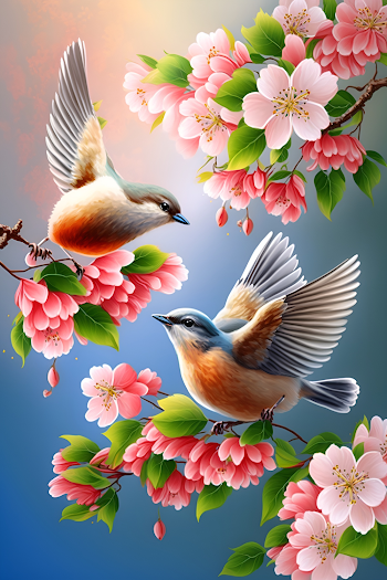 Two Japanese white-eyed birds stand on the branches and spread their wings