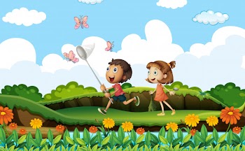 Two kids catching butterflies in the park Free Vector