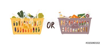 Two large grocery nutrition baskets vector flat illustration