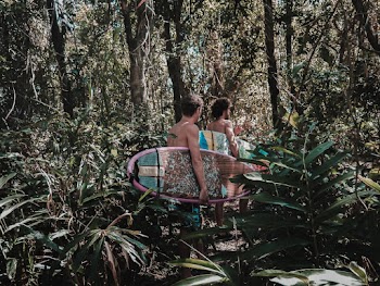 Two Men Carrying Surfboards Walking Along the Forest