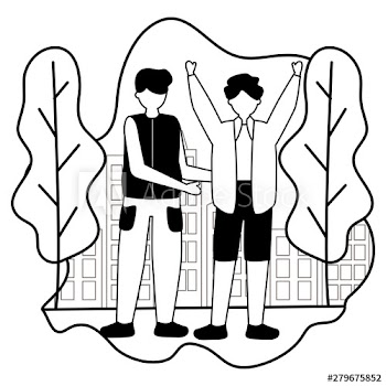 two men celebrating in the city park