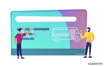 Two men near huge public transport travel card with bus vector illustration
