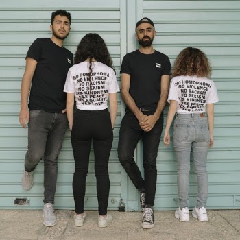 Two Men Standing and Facing Front and Another Two Women Facing Back