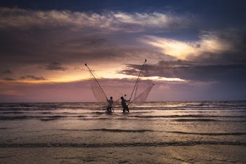 Two Men Standing on Body of Water Holding Fish Nets