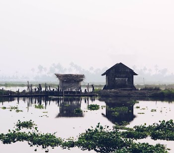 two nippa huts in the middle of lake