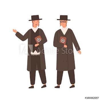 Two orthodox jews in traditional clothes and hat holding hebrew bible or torah isolated on white background