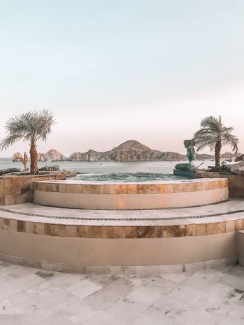 two palm trees in between pool