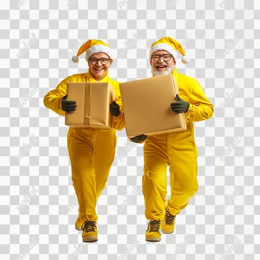 two people in yellow costumes holding cardboard boxes