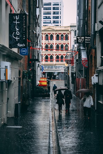 Two People Walking In Narrow Pathway Beside Buildings While Holding Umbrella