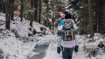 Two People Walking in Woods With Snow