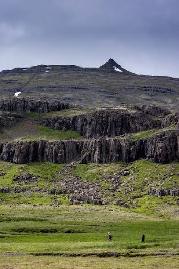 two person walking on green grass field with mountain