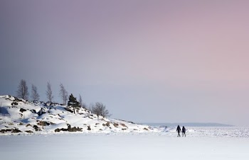 two person walking on lake with ice