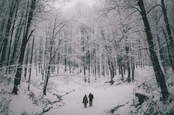 two person walking on snow