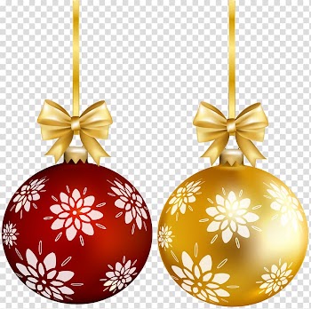 Two red and yellow bauble decors, Christmas ornament Santa Claus Christmas tree , Red Gold Christmas Ball transparent background PNG clipart