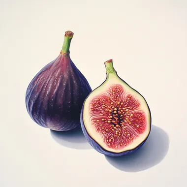 Two ripe figs on a white background, one whole and one sliced open Two ripe figs on a white background, one whole and one sliced open