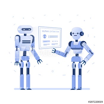 Two robots examine virtual hud interface with human extinction data