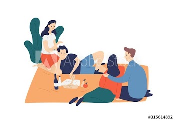 Two smiling couple enjoying outdoor picnic vector flat illustration