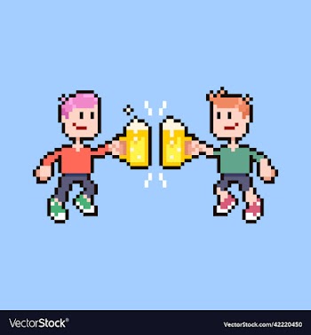 two smiling guys clinking glasses of beer