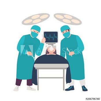 Two surgeons or physicians holding scalpels performing surgical operation on lying patient isolated on white background
