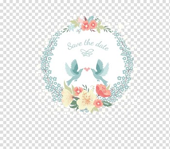 Two teal birds with yellow and pink flowers art, Wedding invitation Flower Illustration, Flowers and birds creative wedding ring transparent background PNG clipart