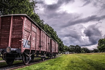 Two Train Cars on Track Under Cloudy Sky