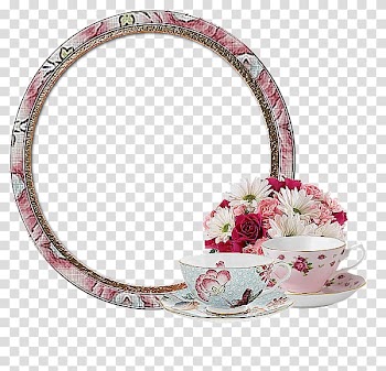 Two white ceramic teacups on two saucers, frame Blog , Cups and round frame transparent background PNG clipart