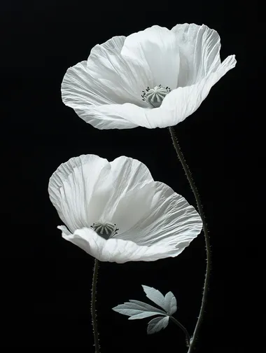 Two White Poppies with Leaves on Black Background in Artistic Display Two White Poppies with Leaves on Black Background in Artistic Display