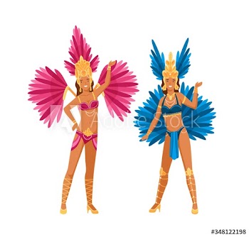 Two woman in Brazilian carnival costume posing isolated on white background