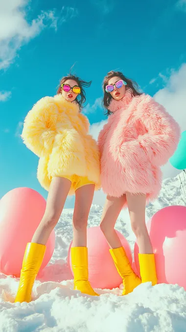 two women in yellow rubber boots standing in the snow