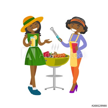 Two young happy african-american women cooking vegetables on the barbecue grill and drinking alcohol at vegetarian outdoor barbecue party