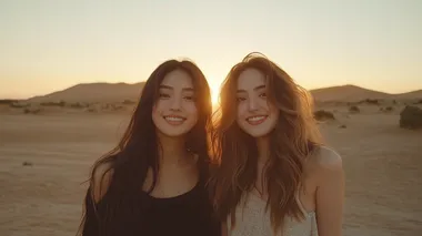 Two young women in Western desert landscape at sunset, vibrant features Two young women in Western desert landscape at sunset, vibrant features