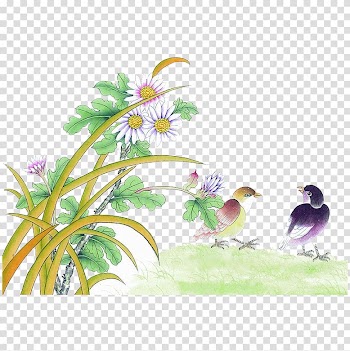 U56fdu753bu5c71u6c34 u82b1u9ce5u756bu6280u6cd5 Bird-and-flower painting Gongbi Chinese painting, FIG green leaves white transparent background PNG clipart