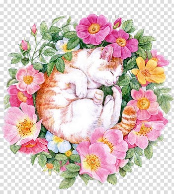 U82b1u4e4bu7e6a: 38u7a2eu82b1u7684u8272u925bu7b46u5716u7e6a Colored pencil Flower Painting Drawing, Cat among the flowers transparent background PNG clipart
