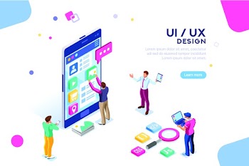 UI design concept with character and text for designer. Device content place infographic. Software group, kit for phone seo programming. UX, digital hero creative flat isometric vector illustration
