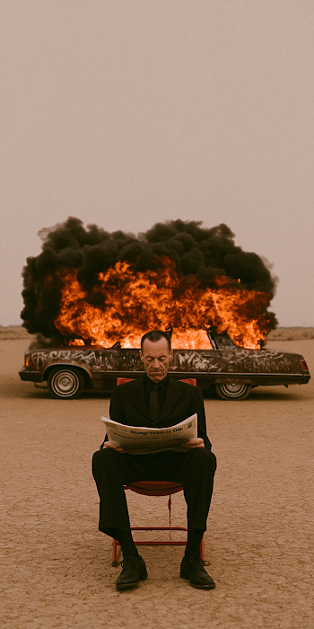 Unbothered in Chaos: Desert Calm Amidst Flames