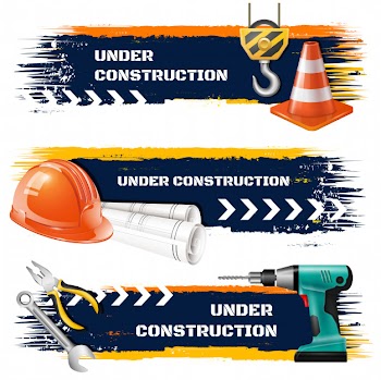 Under construction grunge banners with road barrier protective helmet hook of elevating crane realistic icons Free Vector