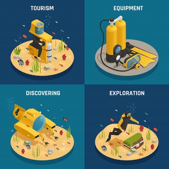 Underwater equipment 4 isometric icons Free Vector