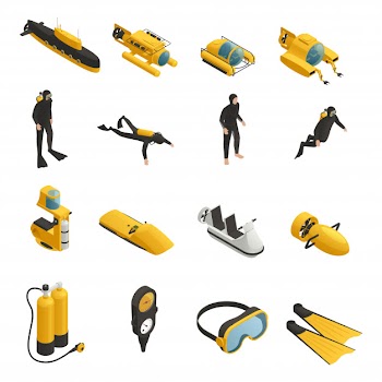 Underwater equipment isometric icons set Free Vector