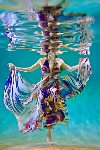 underwater photography of woman in dress swimming