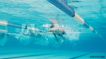 Underwater view athletic male swimmers competing in swimming pool