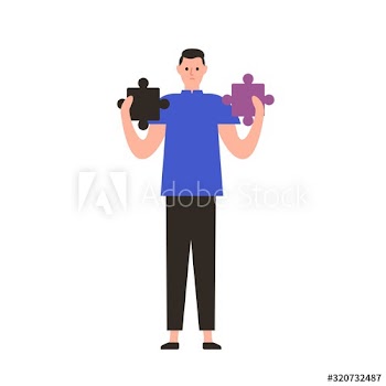 Unhappy cartoon man holding inappropriate jigsaw puzzle pieces vector flat illustration