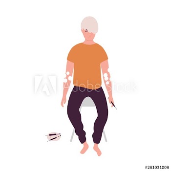 Unhappy man with syringe using heroin isolated on white background